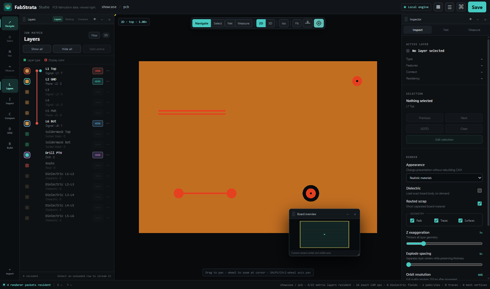 Show exact 2D artwork together with the real layer matrix and visibility controls.