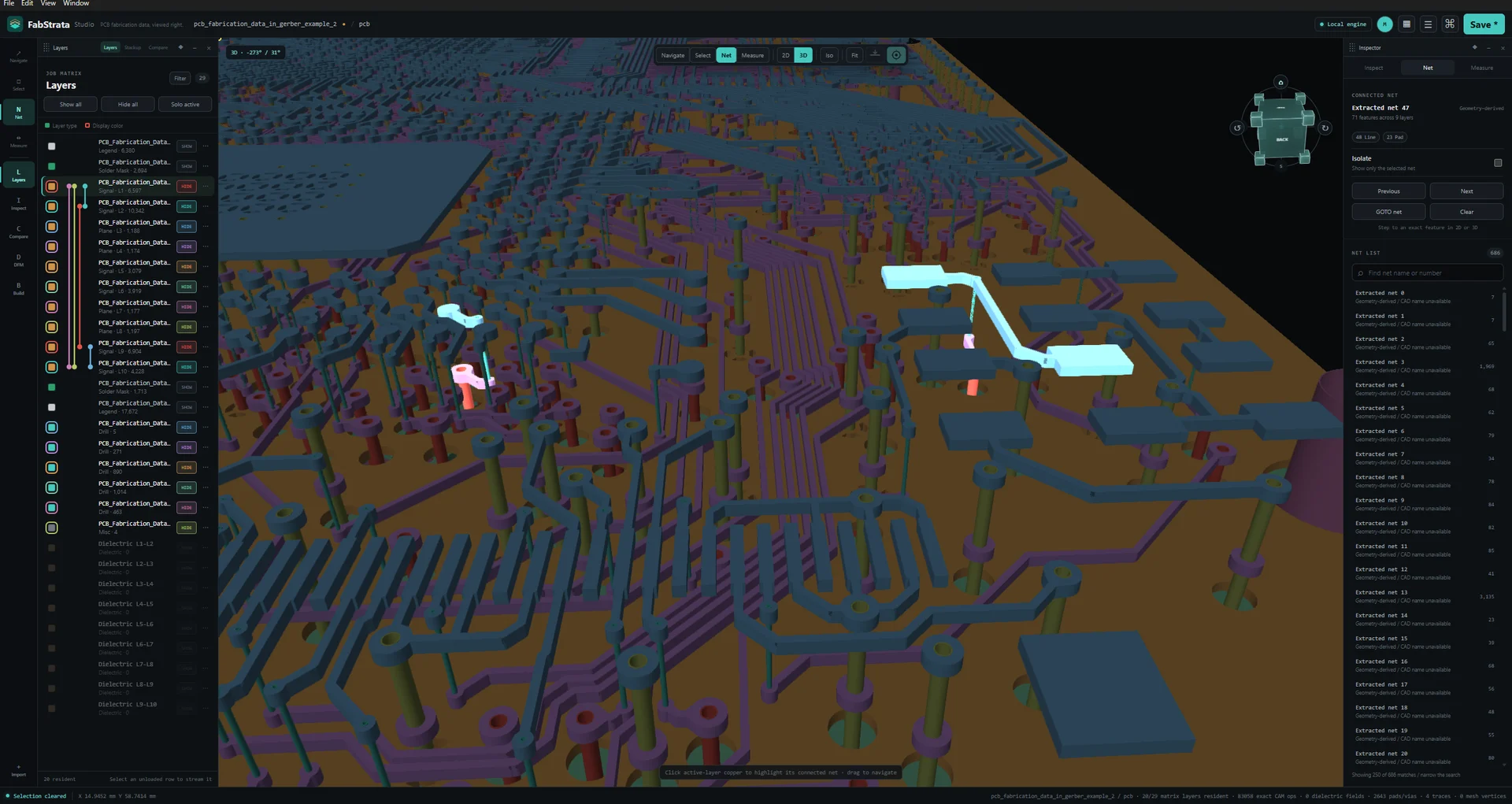 Show a selected physical net highlighted in context across the visible board stack before isolation is enabled.